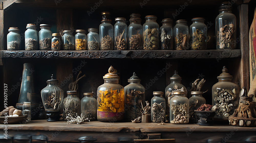 A traditional Himalayan apothecary setup with jars of medicinal plants, herbs, and roots in an authentic mountain setting A traditional Himalayan apothecary setup with jars of medicinal plants, herbs, and roots in an authentic mountain setting