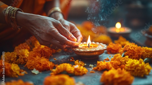 Hands light a Lit Diya 