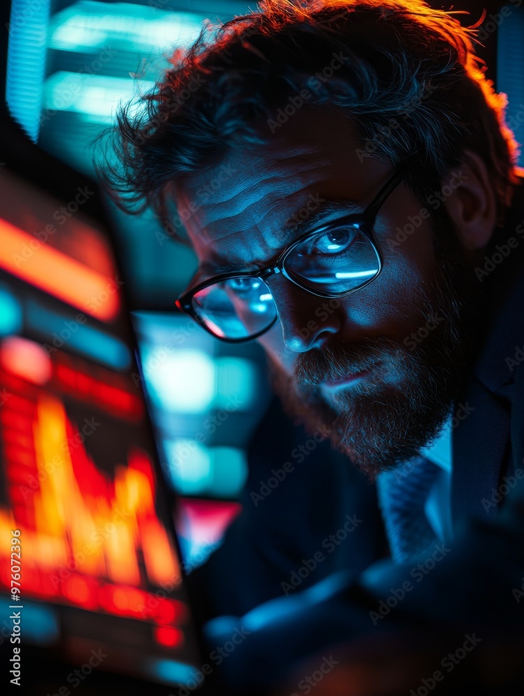 A focused trader intently analyzes multiple screens displaying real-time financial data, demonstrating dedication, strategy, and the dynamic nature of trading. A focused trader intently analyzes multiple screens displaying real-time financial data, demonstrating dedication, strategy, and the dynamic nature of trading.