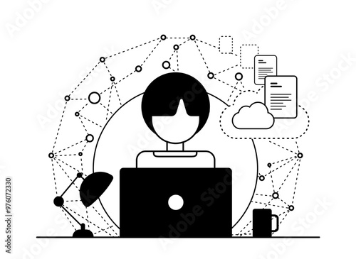 Global business digitization involves connected data being transferred and uploaded to a cloud server for storage and remote access, transferring documents using internet cloud technology, outline