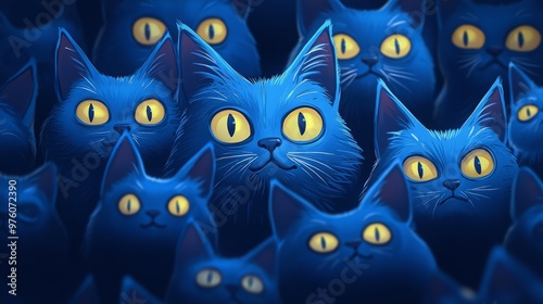 A group of blue cats with big yellow eyes look out at the viewer.