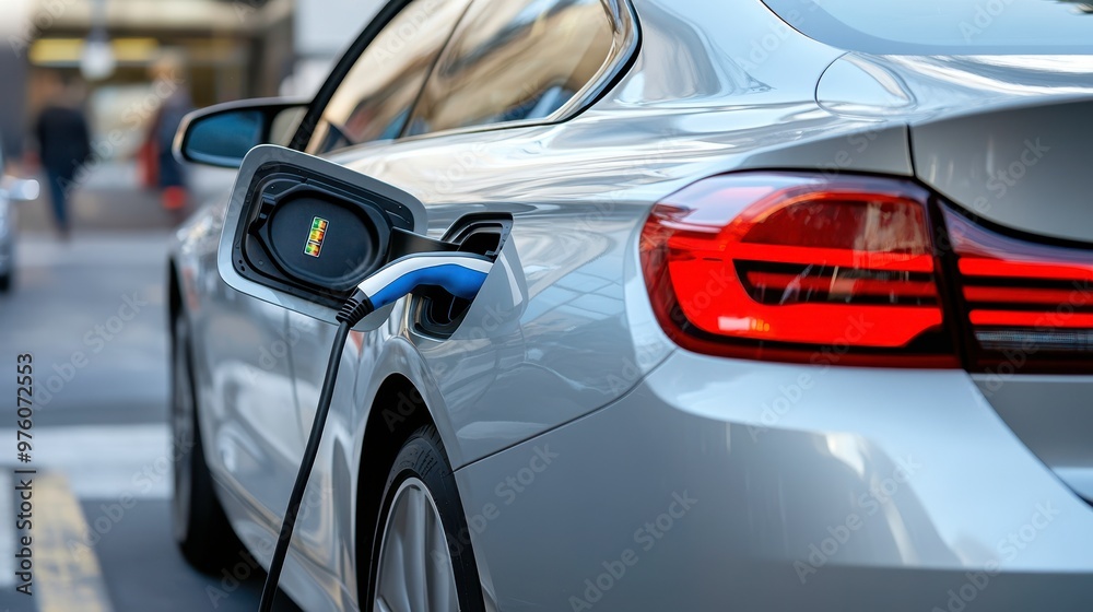 Naklejka premium Electric Vehicle Charging in a Modern Urban Environment During Daylight Hours