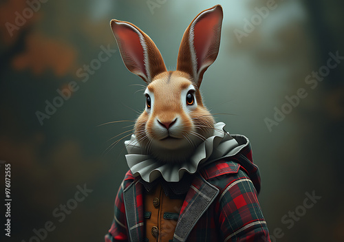 Anthropomorphic Rabbit Clown Wearing Plaid Costume, Playful Fantasy Animal Character, Whimsical Clown Rabbit, Unique Artistic Illustration photo