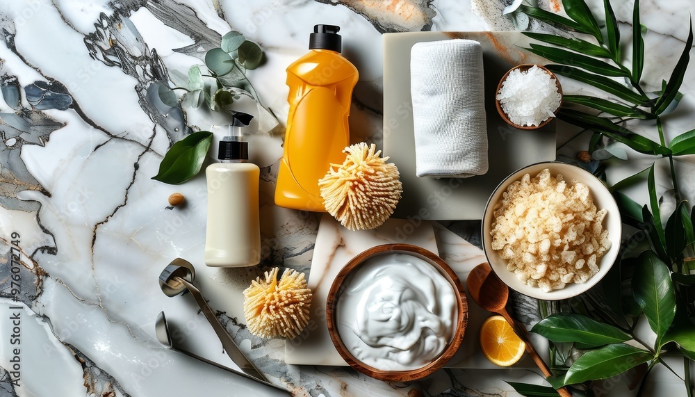 Spa products and towels arranged on luxurious marble surface