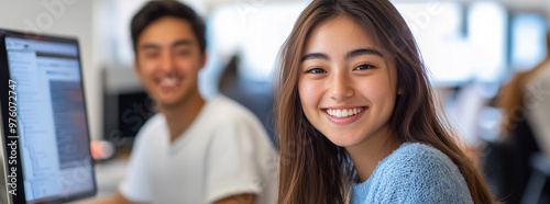 Two young people look happy as they work together to create an online platform for their small business photo