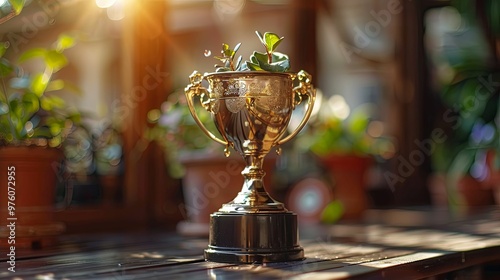 Golden Trophy with Plant Inside on Wooden Table photo