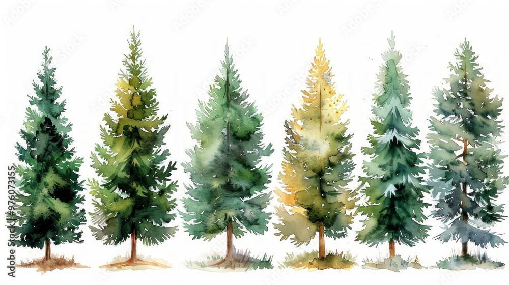 Obraz premium Christmas tree watercolor isolated on white background, Set of greenery Christmas pine tree watercolor 