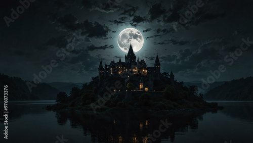 Dark castle on a hill with a full moon and river reflection.