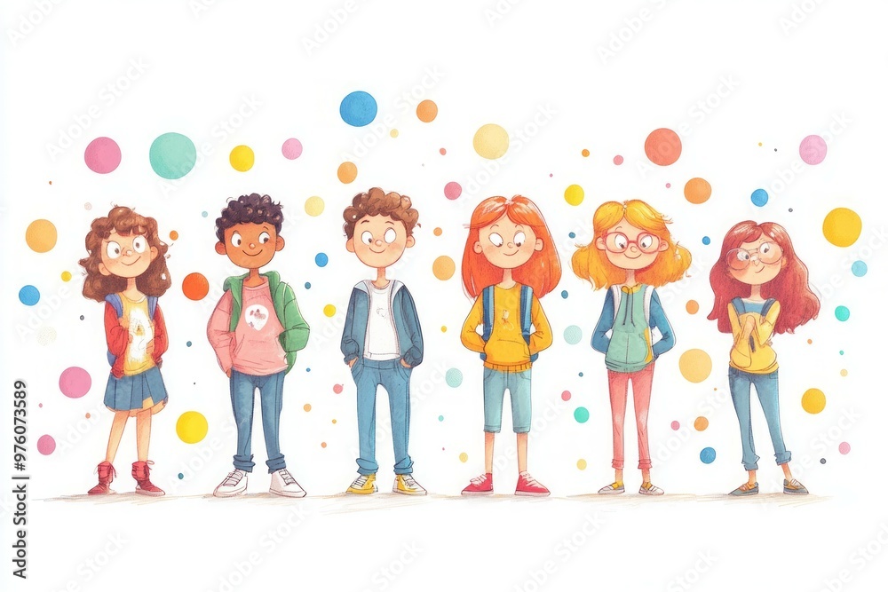 A group of cool school kids, boys and girls, around 9 years.. pastel tones on white background A group of cool school kids, boys and girls, around 9 years.. pastel tones on white background