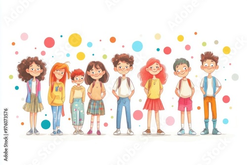 A group of cool school kids, boys and girls, around 9 years.. pastel tones on white background