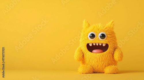 This adorable furry monster is giggling with joy against bright yellow background, radiating happiness and playfulness. Its vibrant color and expressive features make it delightful character photo