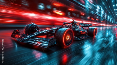 A high-speed race car on a futuristic, motion blur capturing