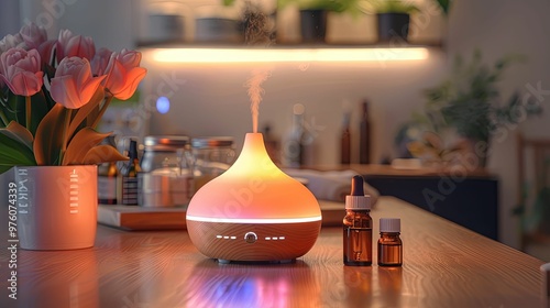 Wallpaper Mural Essential Oil Diffuser and Bottles on Wooden Table Torontodigital.ca