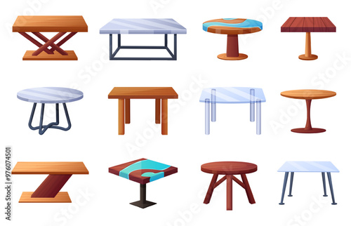 Cartoon home tables. Wood glass table, metal desk for home interior. Indoor and outdoor furniture, decorative handmade tables nowaday vector set