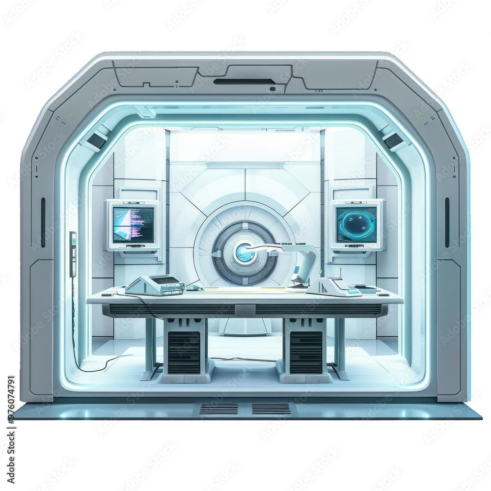 Fototapeta premium Futuristic laboratory with large computer screens, showing graphs and charts, on a white background