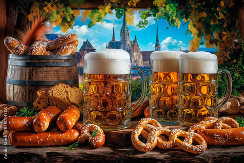 
set of assortment of beer kegs, lederhosen, dirndls, and musical instruments like accordions and trumpets. Include symbols like hops, beer mugs, and sausages on skewers, traditional Bavarian food photo