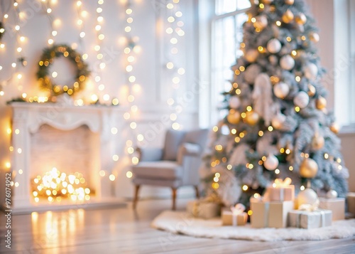 Blurry Christmas interior with lights, tree, and presents during the holiday season. Generative AI