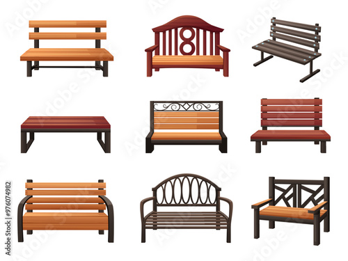 Cartoon wood bench. Isolated benches for city park garden public places. Outdoor decorative furnitures with metal details, nowaday vector set