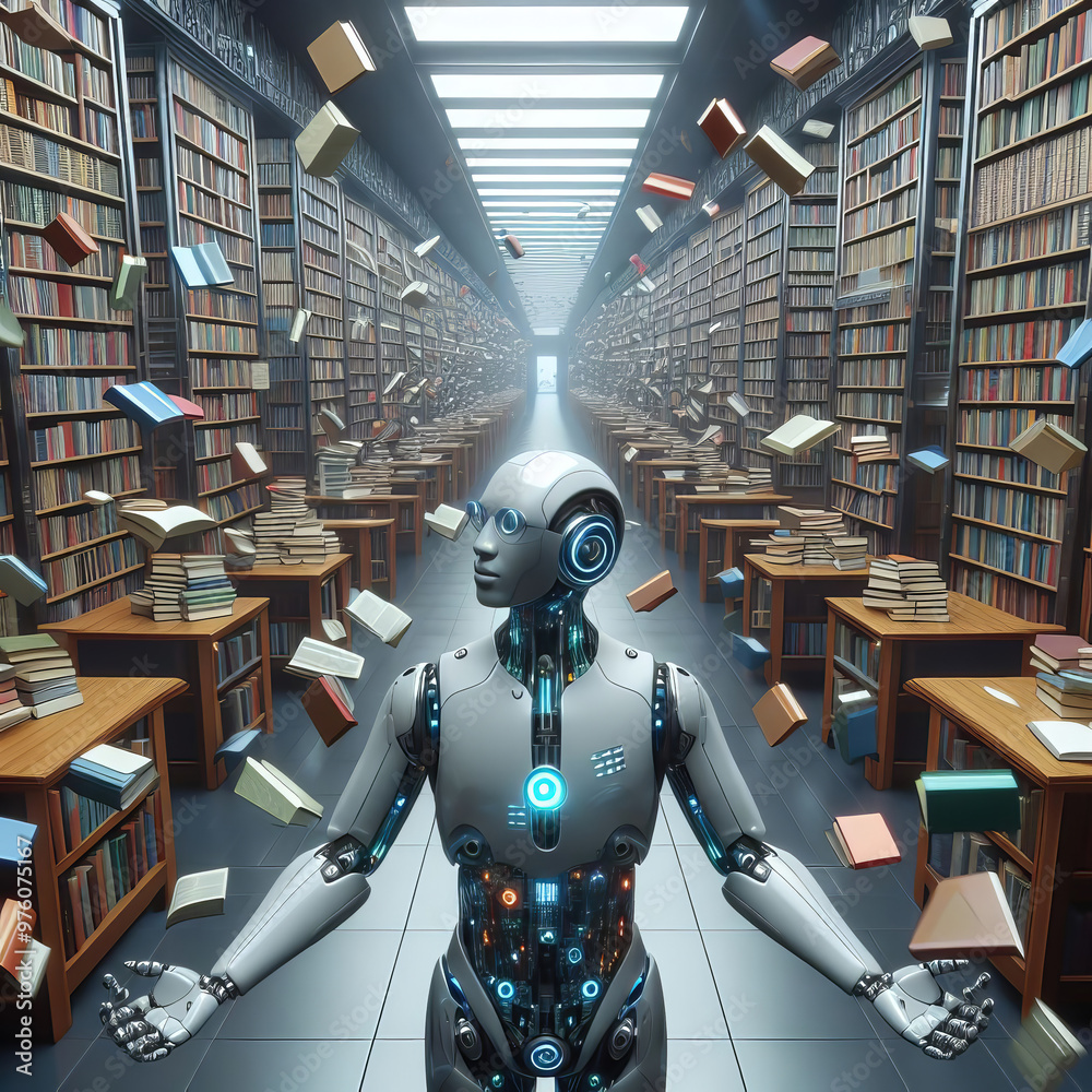 The robot librarian at work reads a book and searches for the necessary information in the library. The robot librarian at work reads a book and searches for the necessary information in the library.