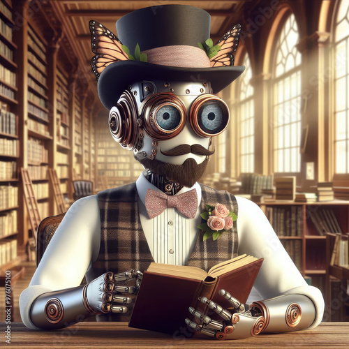 The robot librarian at work reads a book and searches for the necessary information in the library.