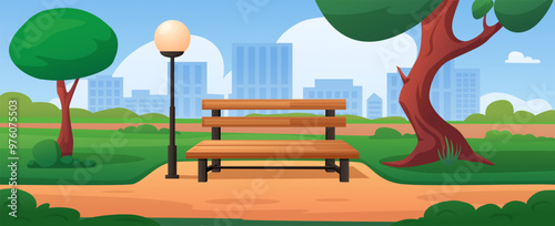 Empty city park. Wooden bench and lantern, street light and rest area. Public garden for relaxing, tree and buildings silhouettes, nowaday vector scene