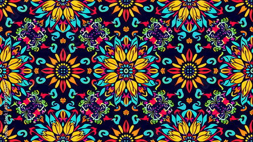 Colorful and intricate seamless pattern with floral and abstract shapes