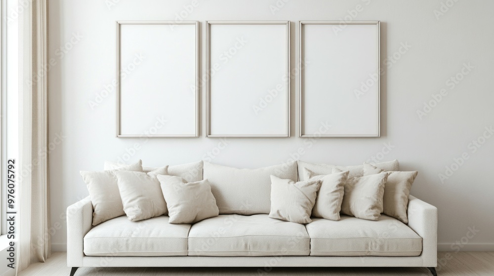 a mockup for wall art, clean white interior with beige tones, a couch against the wall, 3 portrait size frames on the wall, a mockup for wall art, clean white interior with beige tones, a couch against the wall, 3 portrait size frames on the wall,