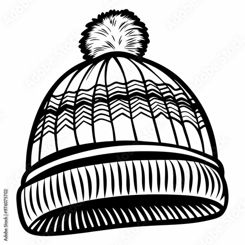Cozy Winter Knit Hat with Pom-Pom in Black and White Illustration Style