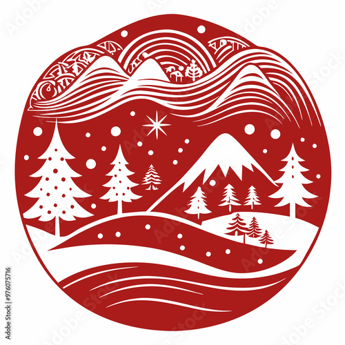 Serene Winter Landscape in Red and White with Snow-Covered Trees and Mountains