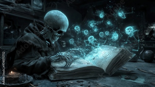 A mystical skeleton studies an ancient book surrounded by glowing skulls, evoking themes of magic and the supernatural. photo