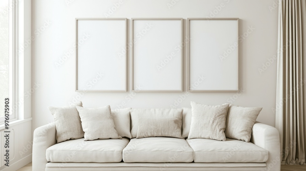 a mockup for wall art, clean white interior with beige tones, a couch against the wall, 3 portrait size frames on the wall, a mockup for wall art, clean white interior with beige tones, a couch against the wall, 3 portrait size frames on the wall,