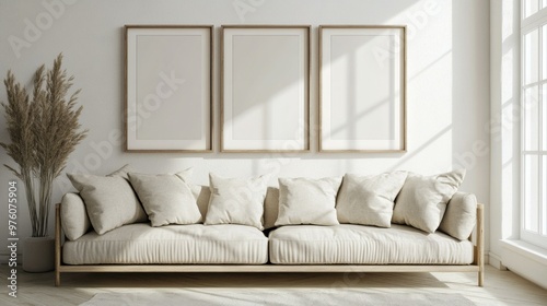 a mockup for wall art, clean white interior with beige tones, a couch against the wall, 3 portrait size frames on the wall, 