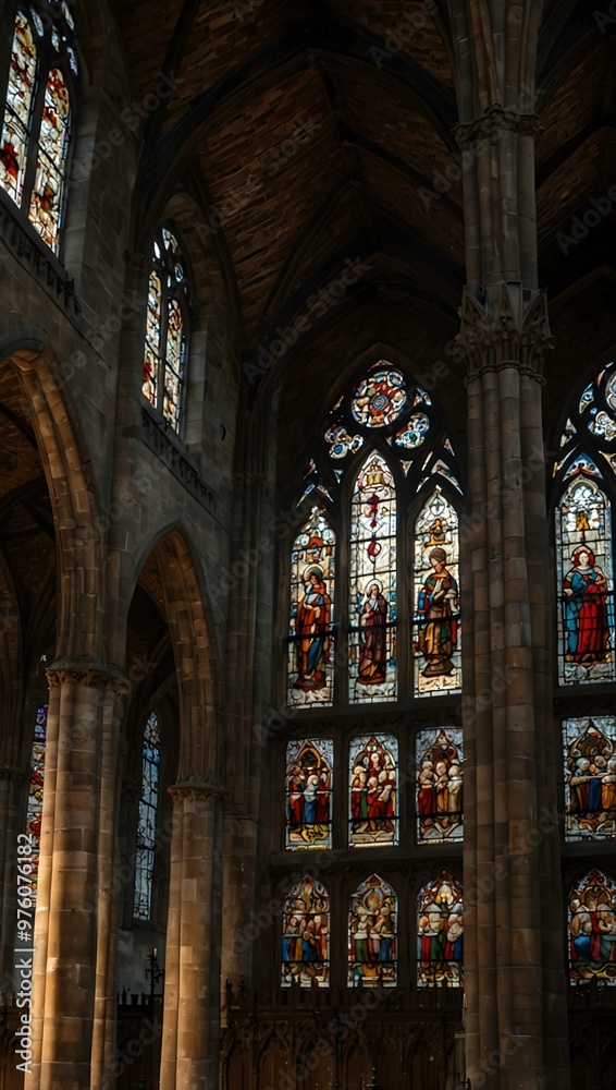 Detailed stained glass windows and vaulted ceilings in a Gothic church. Detailed stained glass windows and vaulted ceilings in a Gothic church.