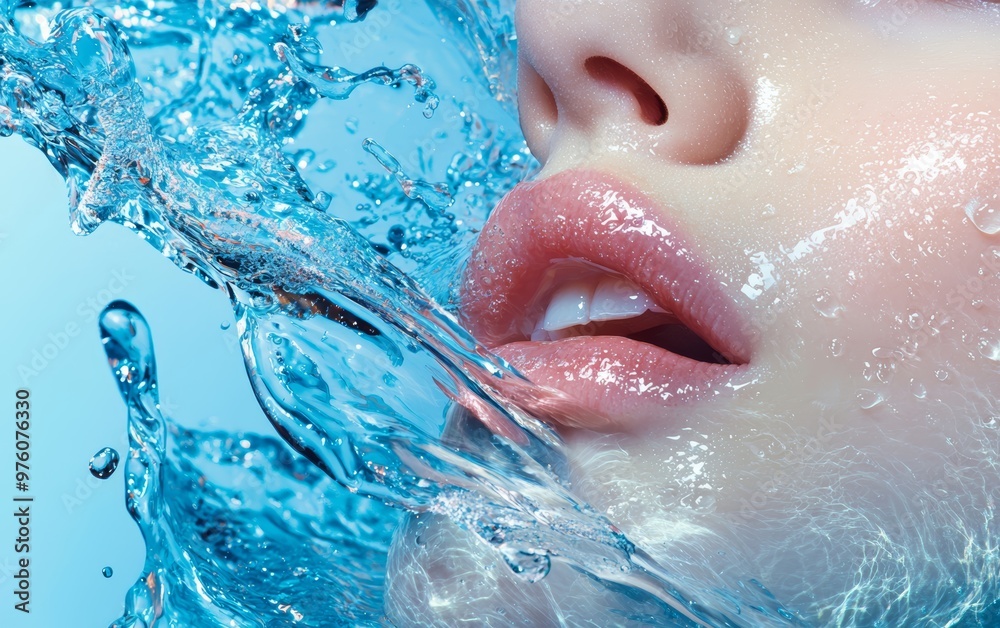 Fototapeta premium A close-up of a woman's lips surrounded by splashing water, showcasing beauty and freshness with vibrant colors and textures.