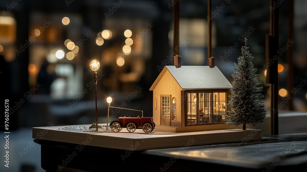 A miniature Christmas house with a small car and a pine tree, all illuminated by warm lights, perfect for a cozy holiday scene. A miniature Christmas house with a small car and a pine tree, all illuminated by warm lights, perfect for a cozy holiday scene.