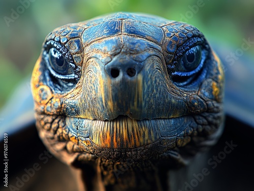 A close-up image depicting the detailed patterns and textures on a tortoise's face, highlighting its expressive eyes that seem to tell a story of wisdom and life experience.