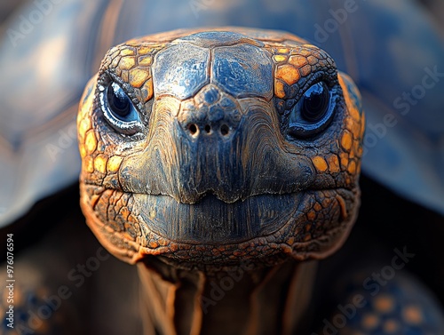 A beautifully captured macro shot presenting the vivid details and intricate patterns of a turtle's face, showcasing its natural beauty and expressive features in a forest environment.