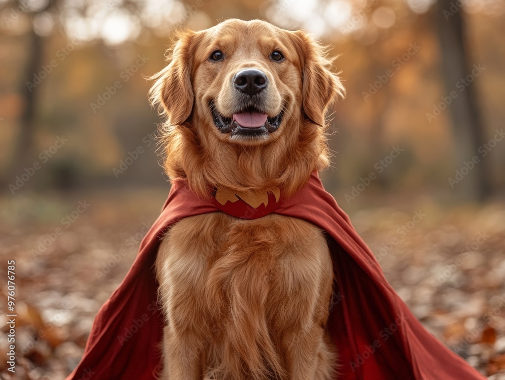Obraz premium A Golden Retriever smiles while wearing a red cape in a forest with autumn leaves, capturing the essence of joy and adventure in a vibrant, natural setting.