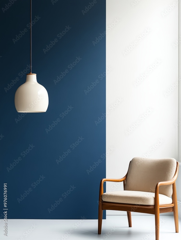 A minimalist lounge area with a statement blue accent wall, a comfortable armchair, and a pendant light. The space evokes a sense of calm, relaxation, and modern elegance. A minimalist lounge area with a statement blue accent wall, a comfortable armchair, and a pendant light. The space evokes a sense of calm, relaxation, and modern elegance.