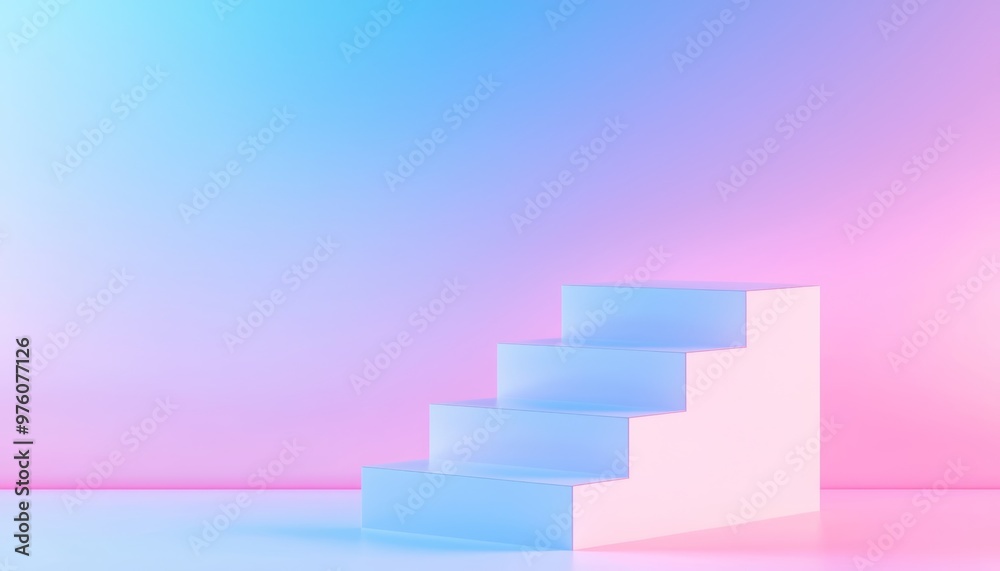 Fototapeta premium A modern, minimalist staircase with a vibrant blue and pink gradient background, ideal for creative and abstract projects.