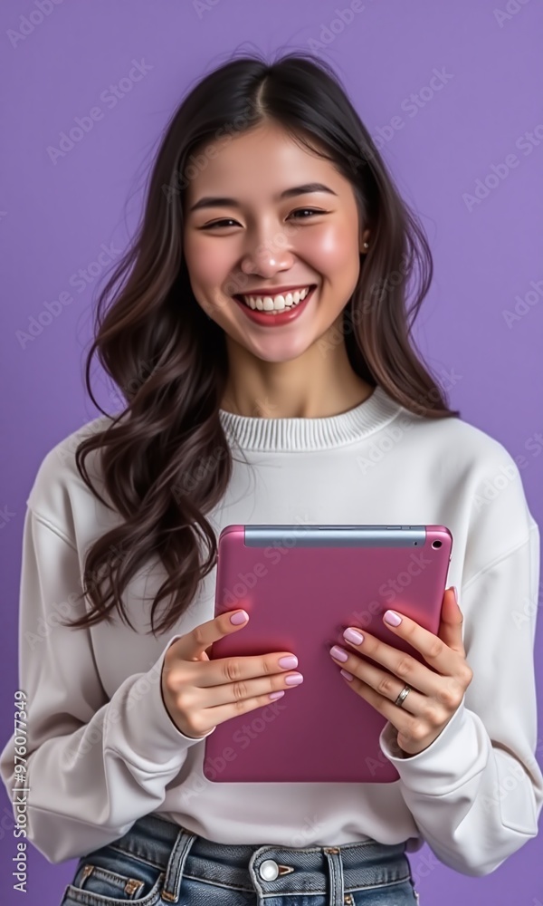 Portrait of a woman holding a tablet computer on Pastel Color Background Portrait of a woman holding a tablet computer on Pastel Color Background
