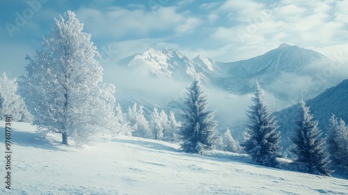 Winter outdoor tree snowy pines forest background