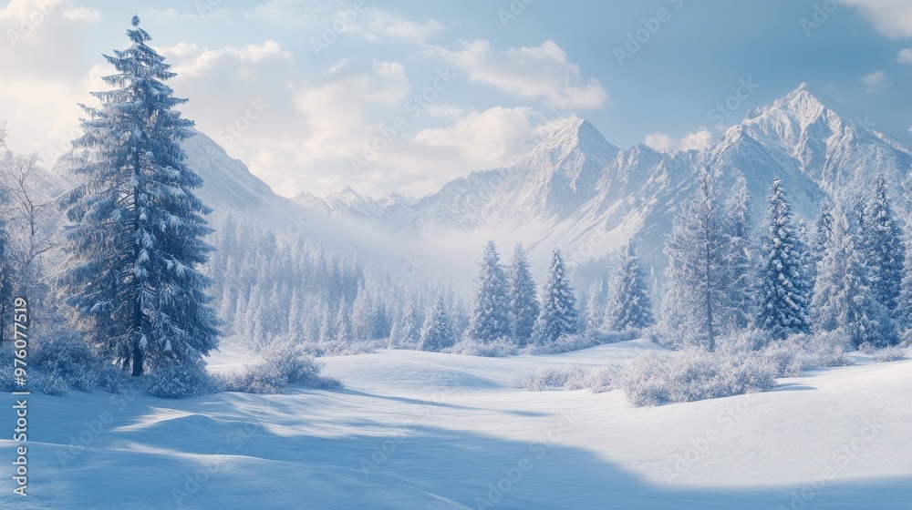 Fototapeta premium Winter outdoor tree snowy pines forest background