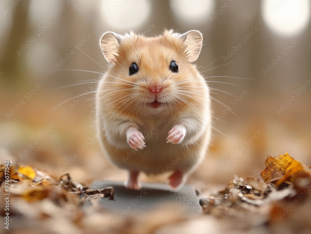 A hamster is captured jogging on an outdoor trail covered with autumn leaves, displaying a natural and lively scene filled with movement. A hamster is captured jogging on an outdoor trail covered with autumn leaves, displaying a natural and lively scene filled with movement.