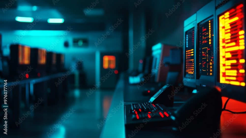 A modern police station command center with neon lights and technology, showcasing a sense of security, vigilance, and advanced technology. A modern police station command center with neon lights and technology, showcasing a sense of security, vigilance, and advanced technology.