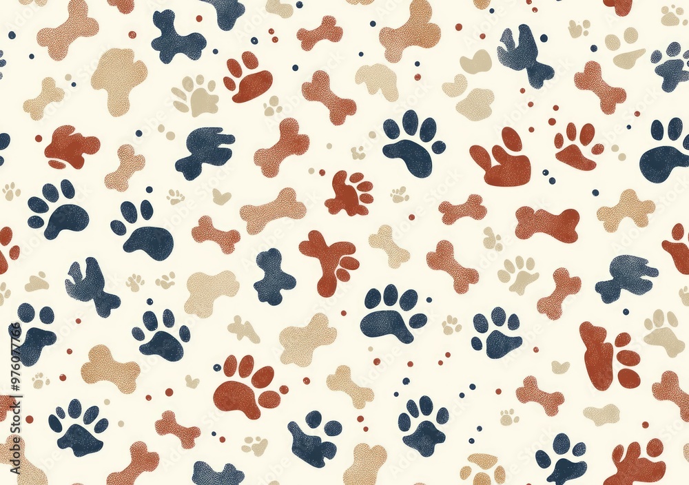 Fototapeta premium A seamless pattern of dog paw prints and bones in muted shades of red, blue, brown, and beige on a cream background.