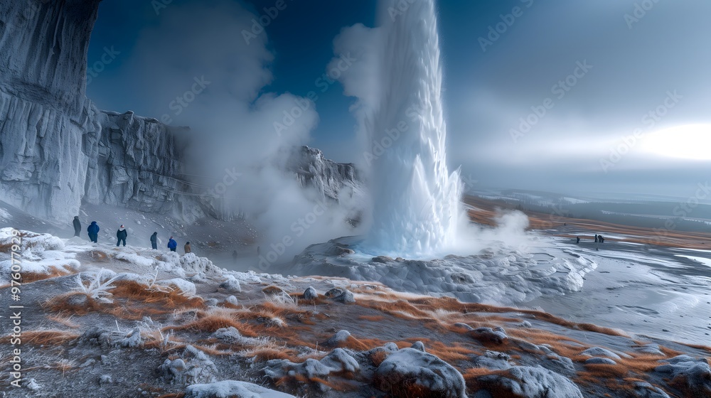 geyser erupts with a powerful fountain of water and steam, shooting ...