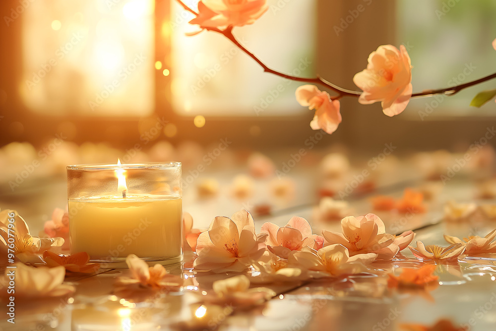 Soft blossoms surround a glowing candle as gentle sunlight streams through the window, creating a tranquil atmosphere perfect for relaxation Soft blossoms surround a glowing candle as gentle sunlight streams through the window, creating a tranquil atmosphere perfect for relaxation