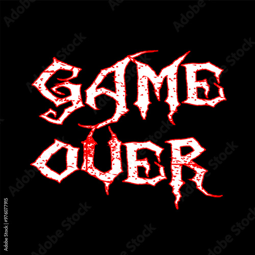 Printgame over text calligraphy party celebration invitation. Vector image on black background. horror zombie text style and scared text