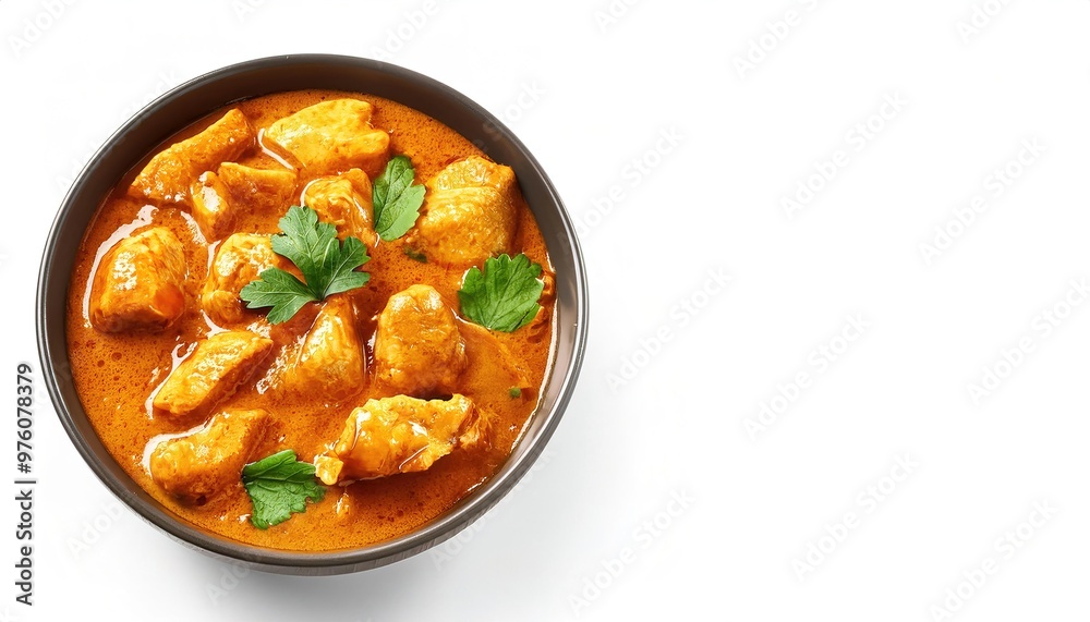 Tasty homemade chicken curry dish from Indian cuisine stewed in an onion and tomato based sauce, flavored with ginger, garlic, tomato puree, chili peppers and a variety of spices. Isolated on white Tasty homemade chicken curry dish from Indian cuisine stewed in an onion and tomato based sauce, flavored with ginger, garlic, tomato puree, chili peppers and a variety of spices. Isolated on white